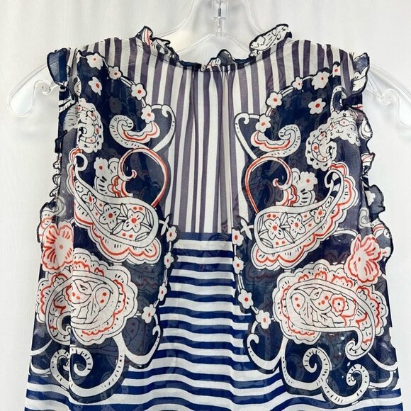 Cabi Womens Peplum Top Multicolor Paisley Stripe Sleeveless V Neck Sheer S - Picture 6 of 11